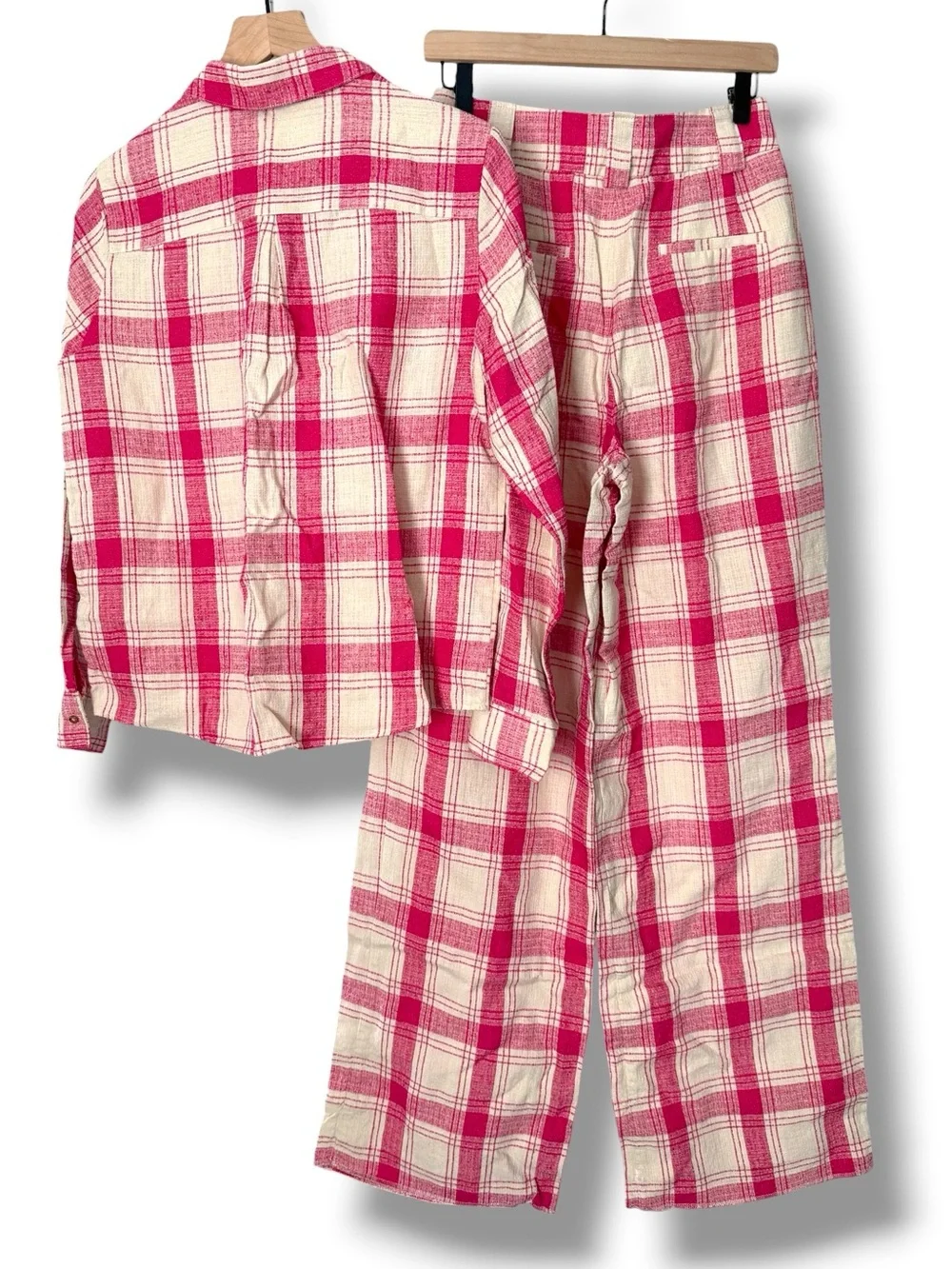Sezane THÉOPHILE TROUSERS + TOMBOY SHIRT SET Linen In Pink White Check Sz38 US M